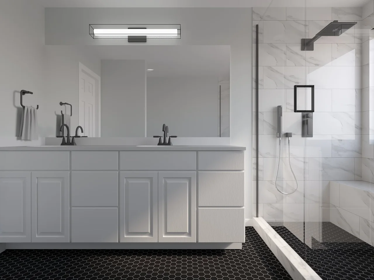 White vanity & glass shower