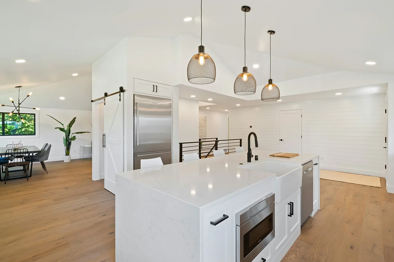 Open kitchen with waterfall island