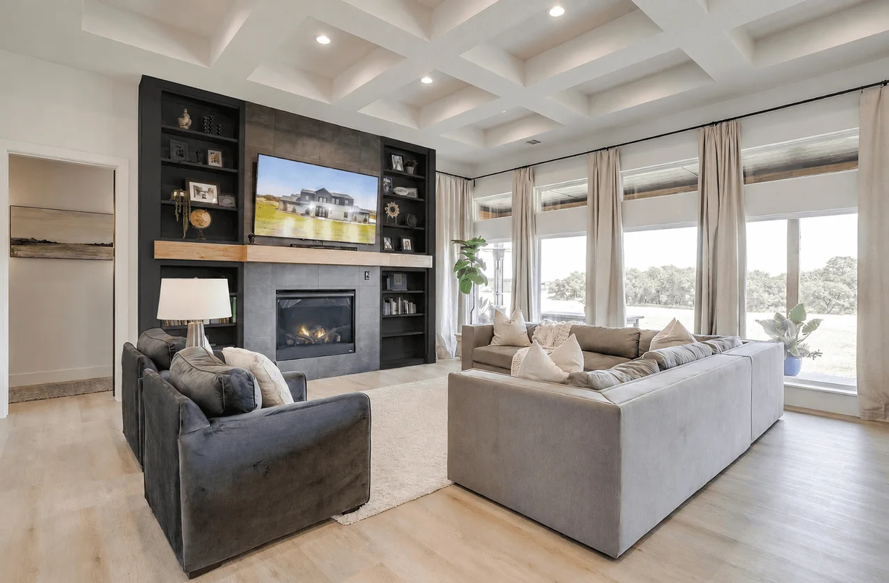Living room with coffered ceiling