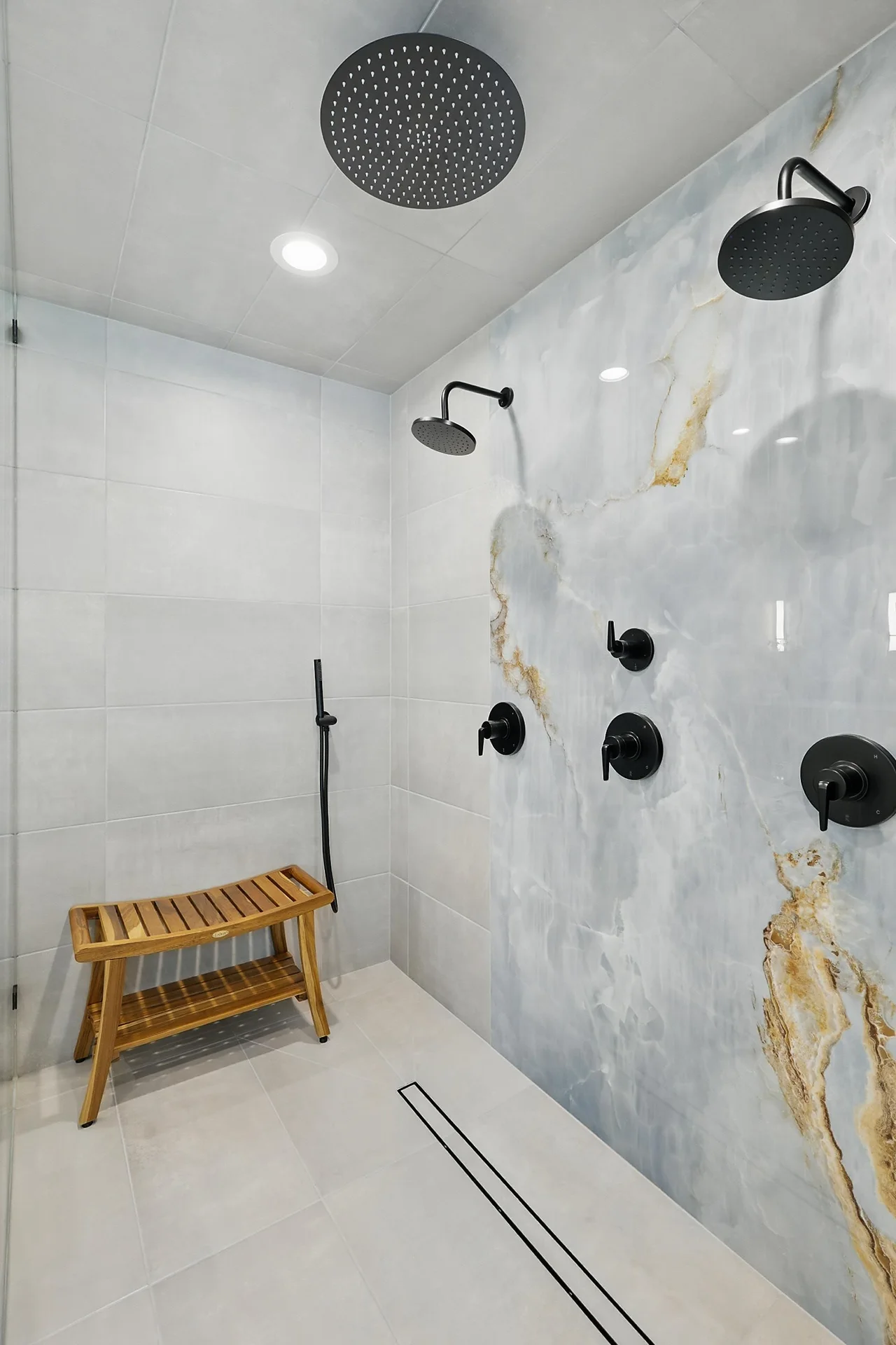 Marble-look walk-in shower